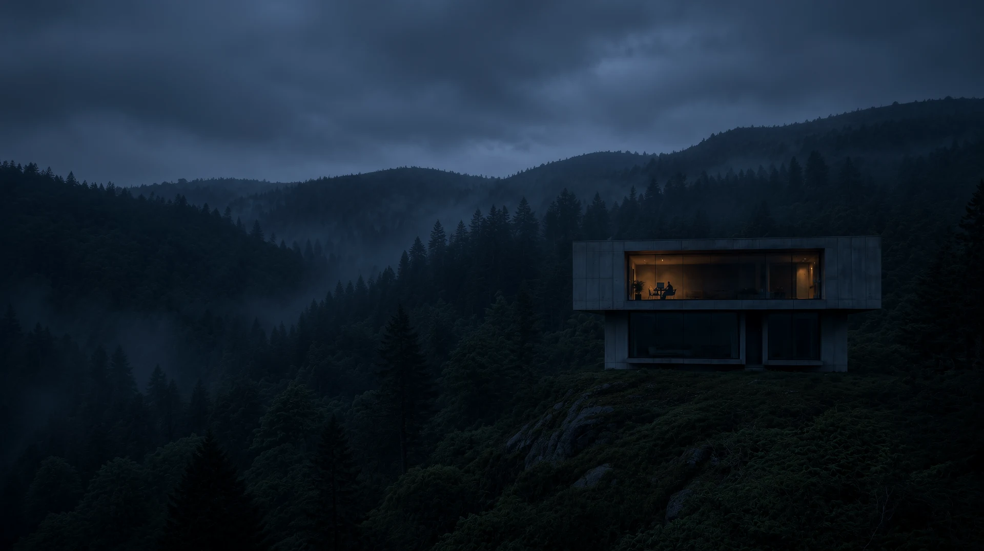 Modern concrete house in a misty forest at dusk
