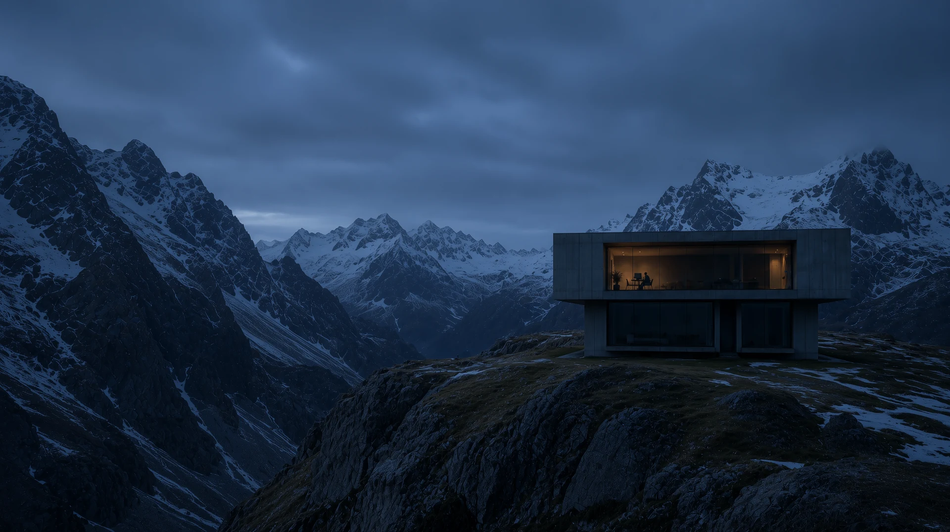 Modern concrete house on an alpine ridge at dusk